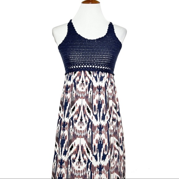 Ella Moss Navy Blue Crochet Colorful Watercolor Split Hem Sleeveless Maxi Dress - Picture 7 of 12
